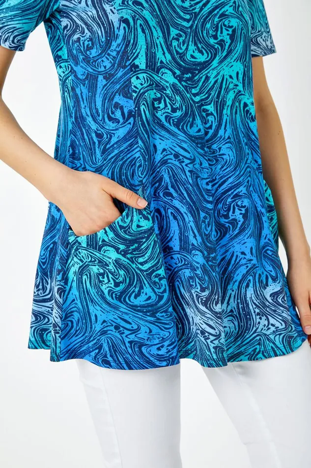 Blue Swirl Print Stretch Tunic Pocket Top Women Roman Tops