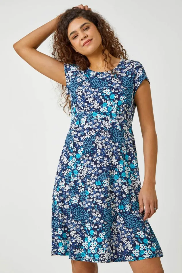 Blue Textured Floral Print Tea Dress Women Roman Dresses