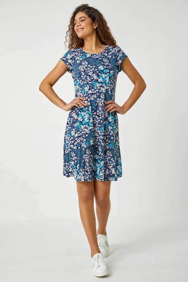 Blue Textured Floral Print Tea Dress Women Roman Dresses