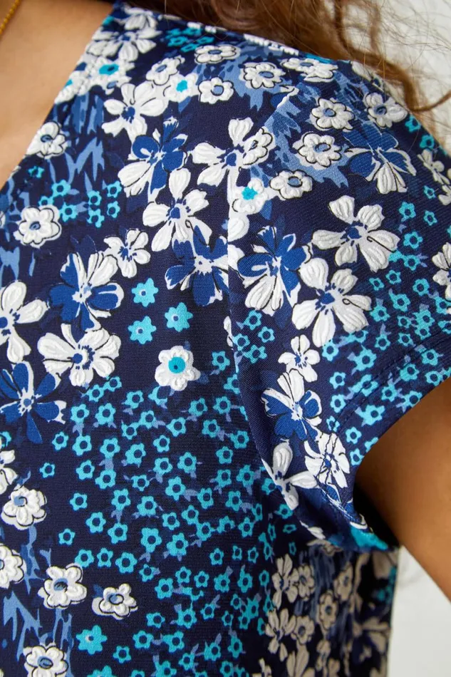 Blue Textured Floral Print Tea Dress Women Roman Dresses