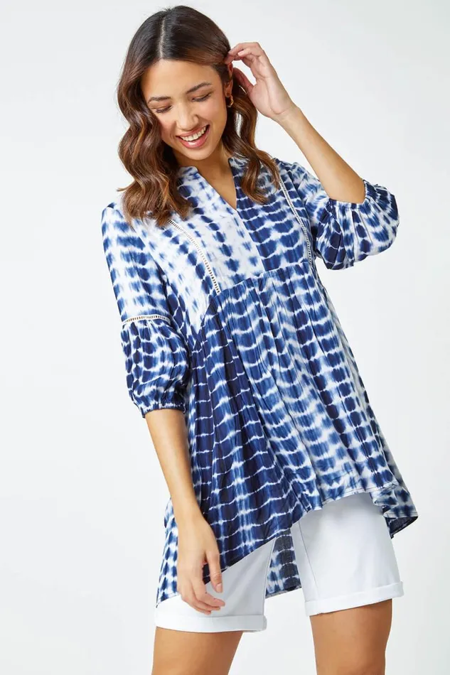 Blue Tie Dye Print Smock Tunic Top Women Roman Tops