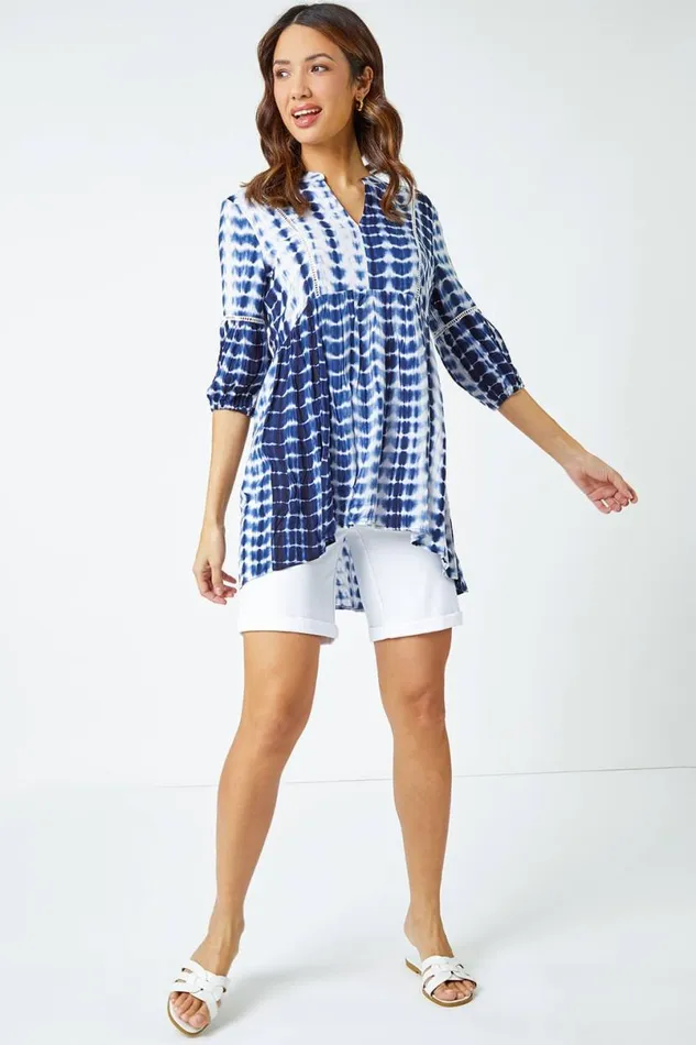 Blue Tie Dye Print Smock Tunic Top Women Roman Tops