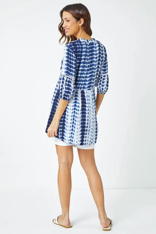 Blue Tie Dye Print Smock Tunic Top Women Roman Tops