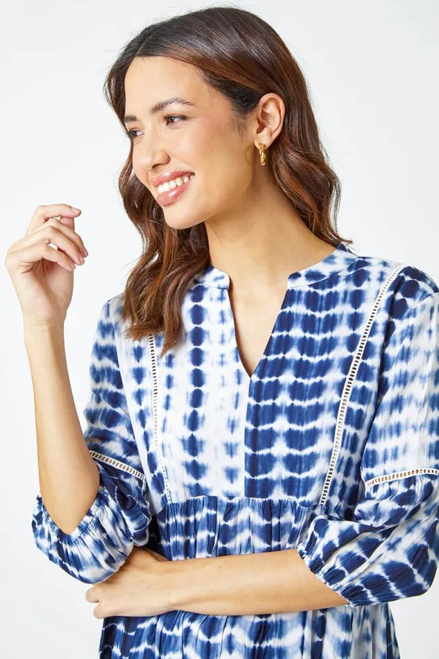 Blue Tie Dye Print Smock Tunic Top Women Roman Tops