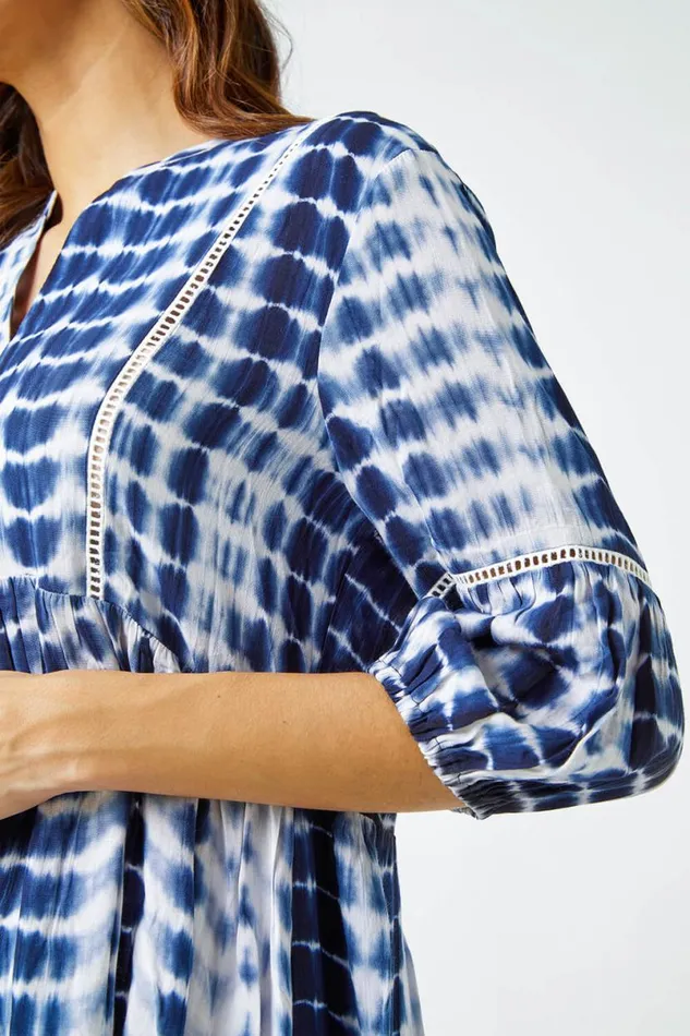 Blue Tie Dye Print Smock Tunic Top Women Roman Tops