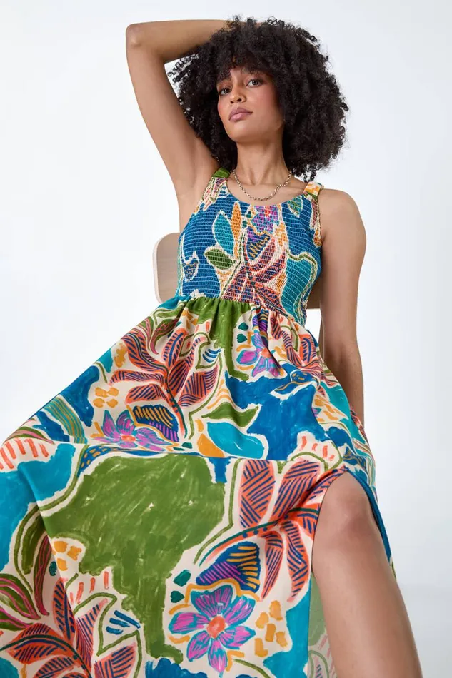 Blue Tropical Leaf Shirred Bodice Midi Dress Women Roman Dresses