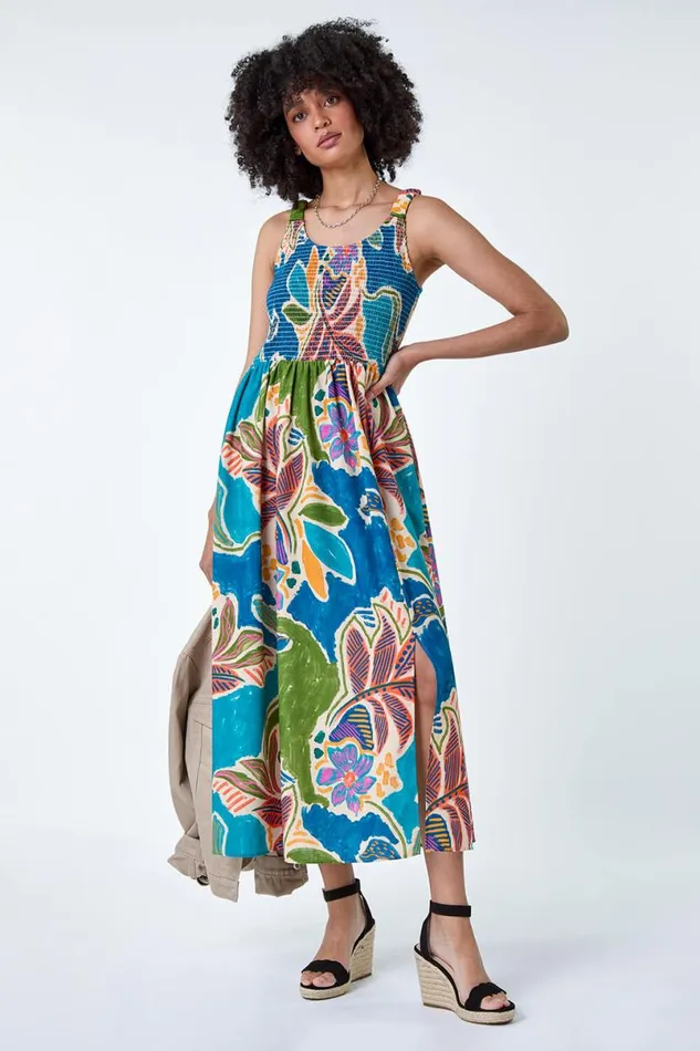 Blue Tropical Leaf Shirred Bodice Midi Dress Women Roman Dresses