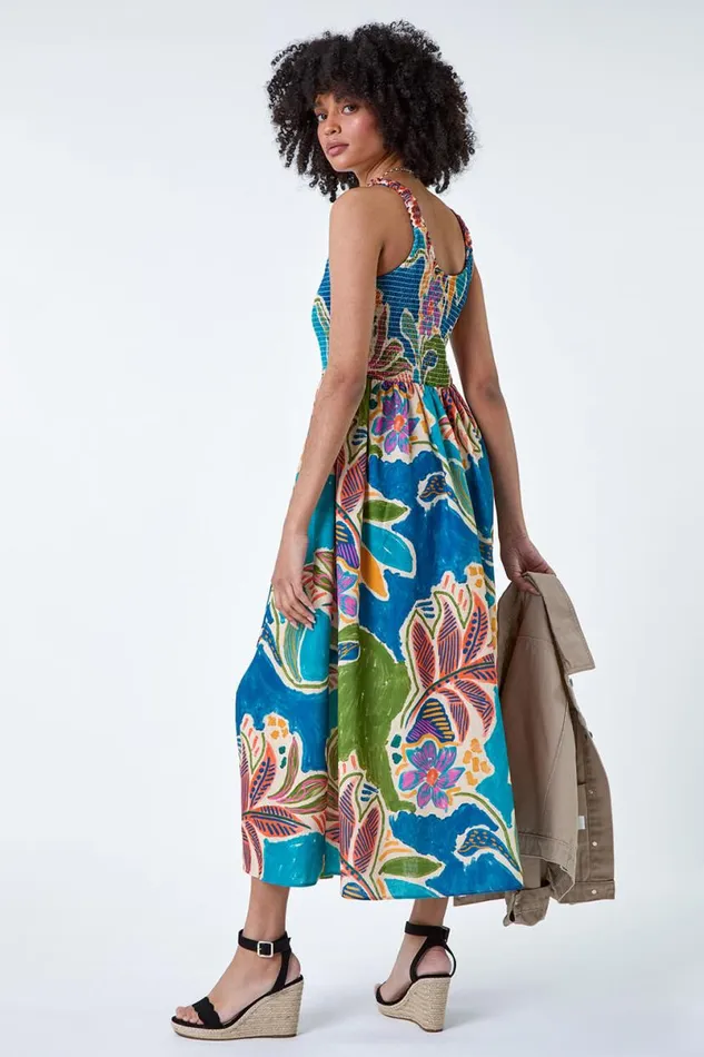 Blue Tropical Leaf Shirred Bodice Midi Dress Women Roman Dresses