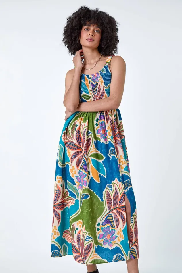 Blue Tropical Leaf Shirred Bodice Midi Dress Women Roman Dresses