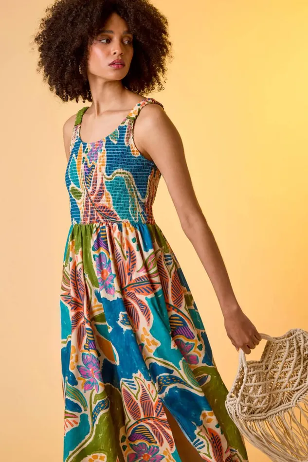 Blue Tropical Leaf Shirred Bodice Midi Dress Women Roman Dresses