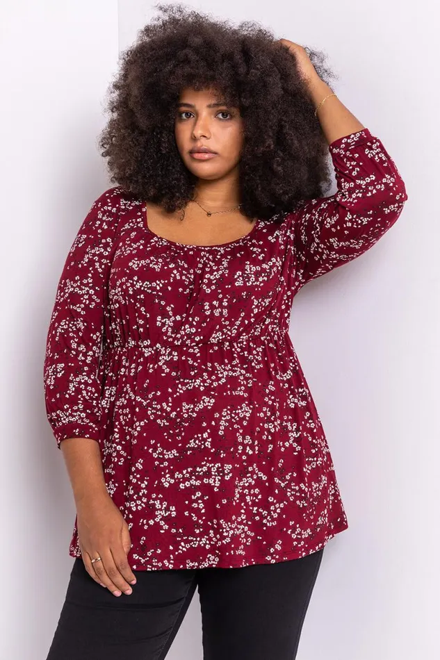 Bordeaux Curve Square Neck Floral Top Women Roman Tops