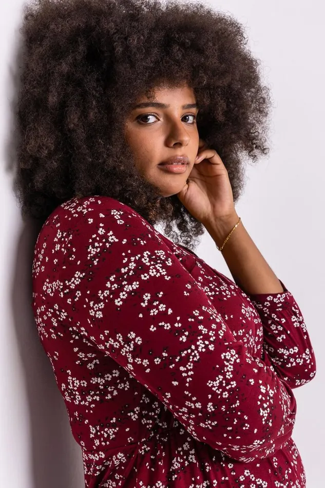 Bordeaux Curve Square Neck Floral Top Women Roman Tops