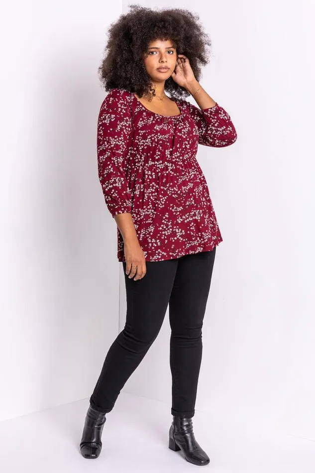 Bordeaux Curve Square Neck Floral Top Women Roman Tops