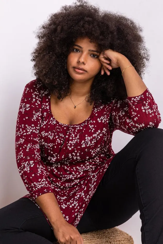 Bordeaux Curve Square Neck Floral Top Women Roman Tops