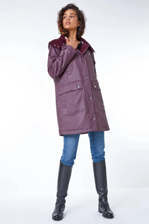 Bordeaux Waxed Longline Hooded Coat Women Roman Coats