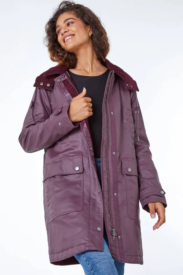 Bordeaux Waxed Longline Hooded Coat Women Roman Coats