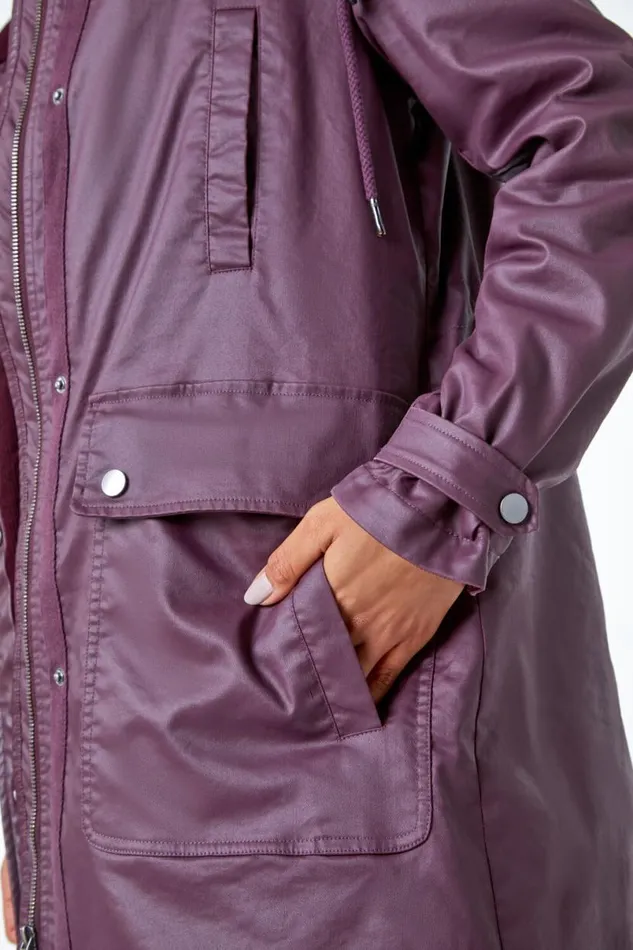 Bordeaux Waxed Longline Hooded Coat Women Roman Coats