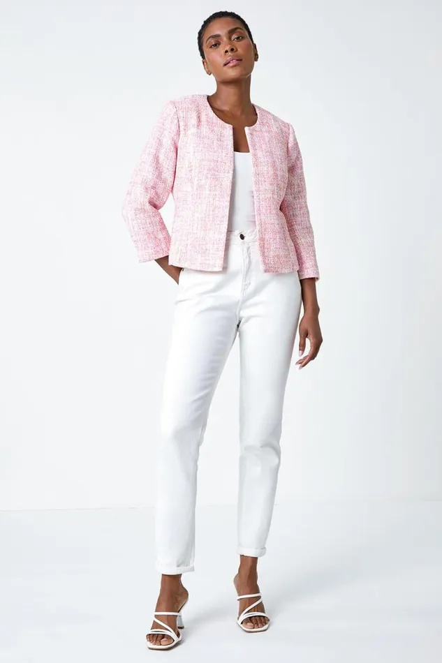 Bright Pink Smart Textured 34 Sleeve Boucle Jacket Women Roman Occasionwear