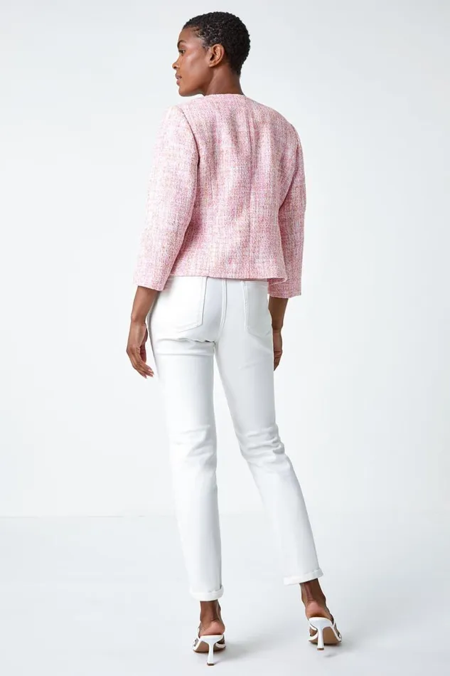 Bright Pink Smart Textured 34 Sleeve Boucle Jacket Women Roman Occasionwear