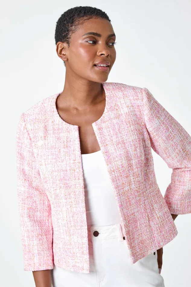 Bright Pink Smart Textured 34 Sleeve Boucle Jacket Women Roman Occasionwear