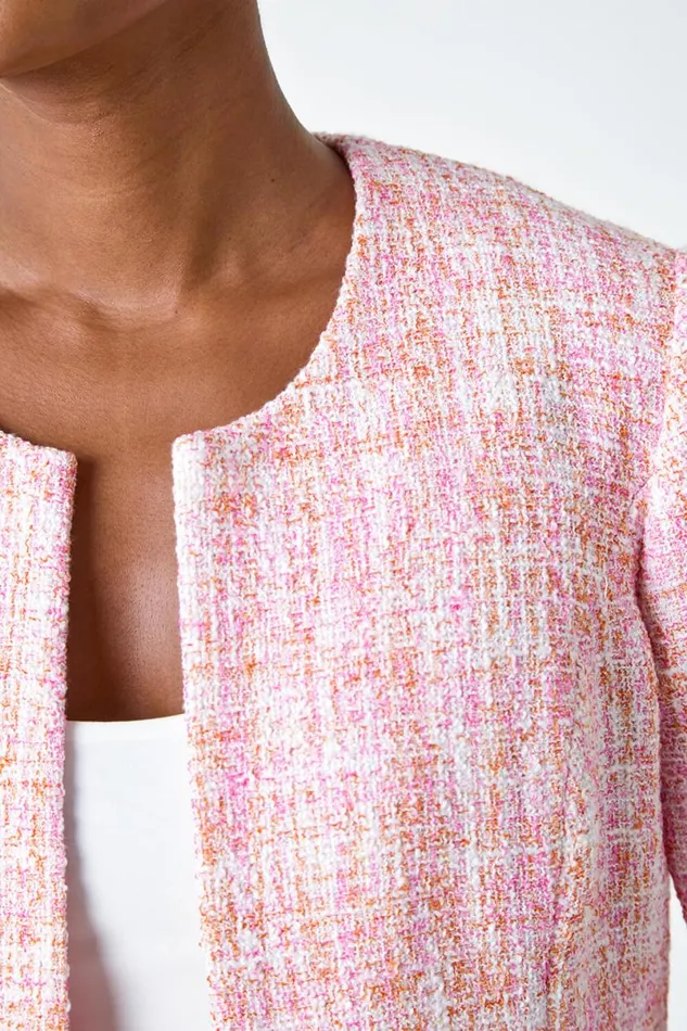 Bright Pink Smart Textured 34 Sleeve Boucle Jacket Women Roman Occasionwear