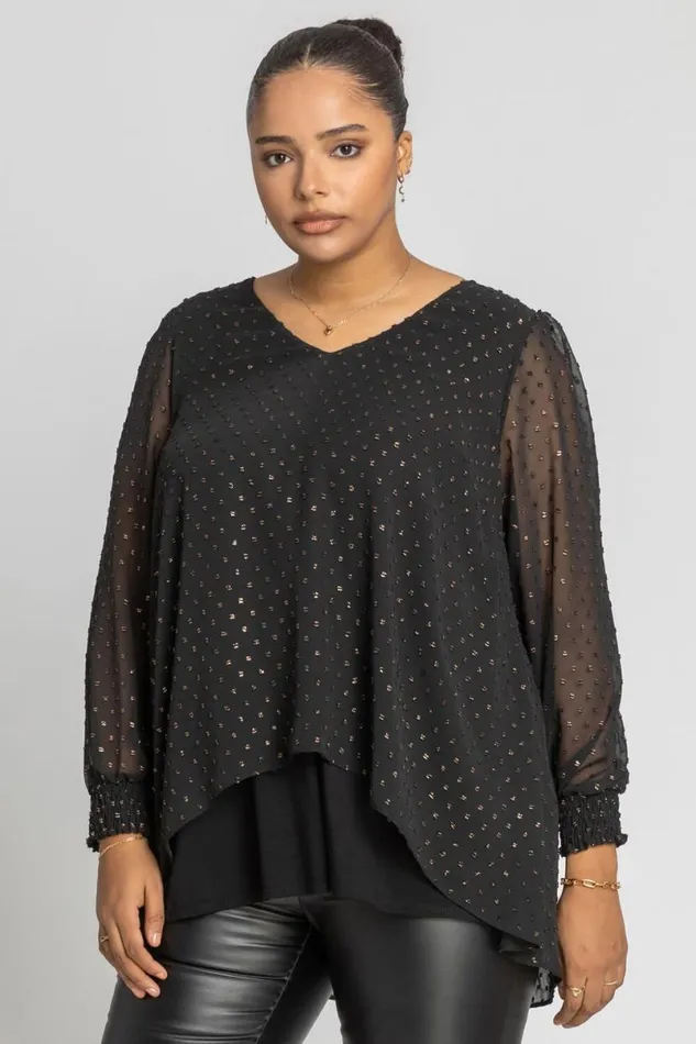 Bronze Curve Shimmer Dobby Spot Chiffon Top Women Roman Tops