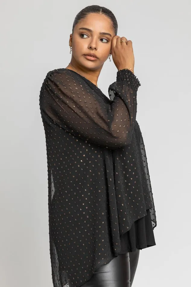 Bronze Curve Shimmer Dobby Spot Chiffon Top Women Roman Tops