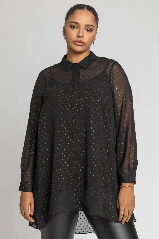 Bronze Curve Textured Spot Shimmer Blouse Women Roman Tops