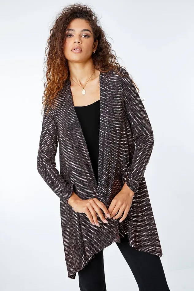 Bronze Sequin Sparkle Waterfall Stretch Jacket Women Roman Tops