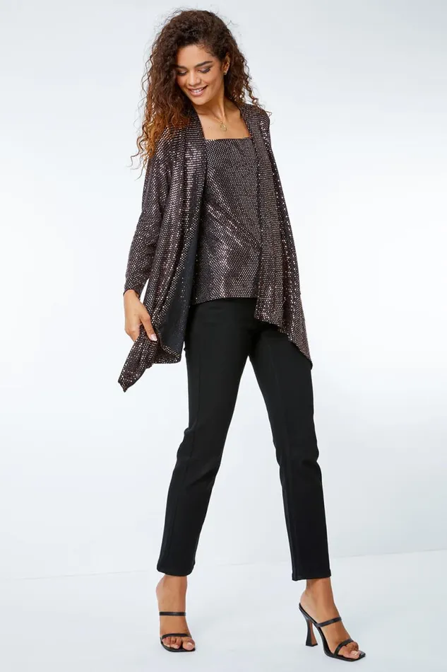 Bronze Sequin Sparkle Waterfall Stretch Jacket Women Roman Tops