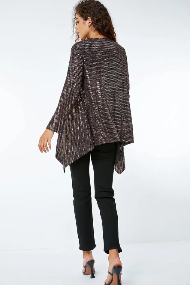 Bronze Sequin Sparkle Waterfall Stretch Jacket Women Roman Tops