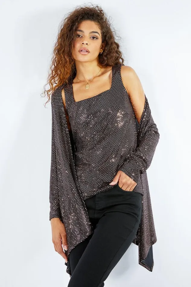 Bronze Sequin Sparkle Waterfall Stretch Jacket Women Roman Tops