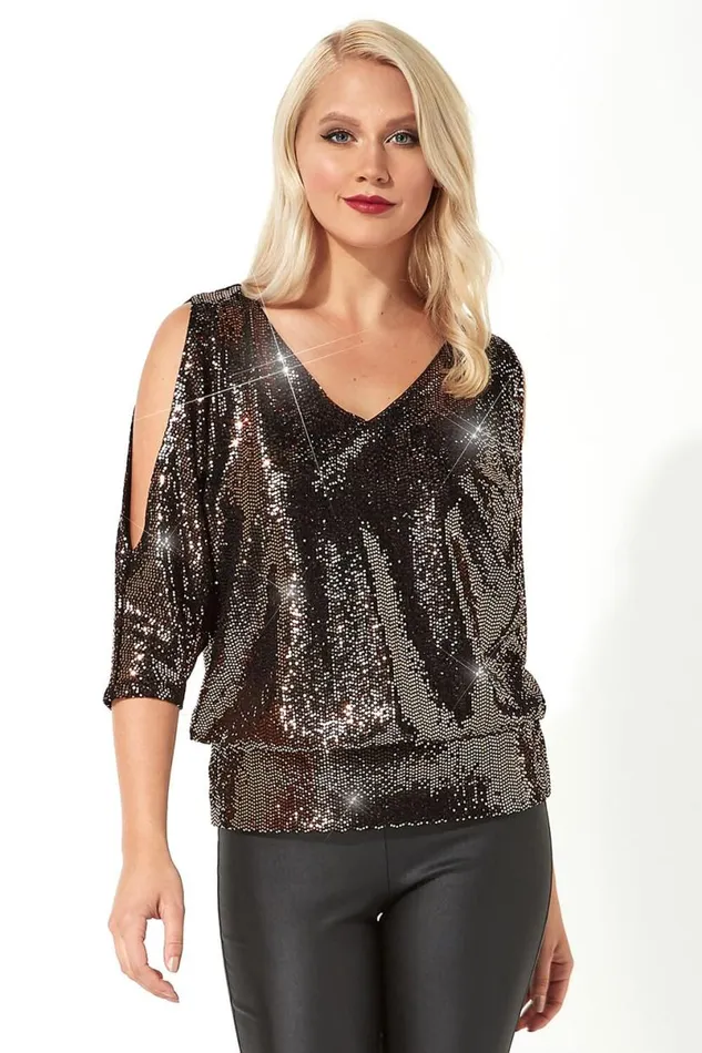 Bronze Sparkle Cold Shoulder Blouson Top Women Roman Tops