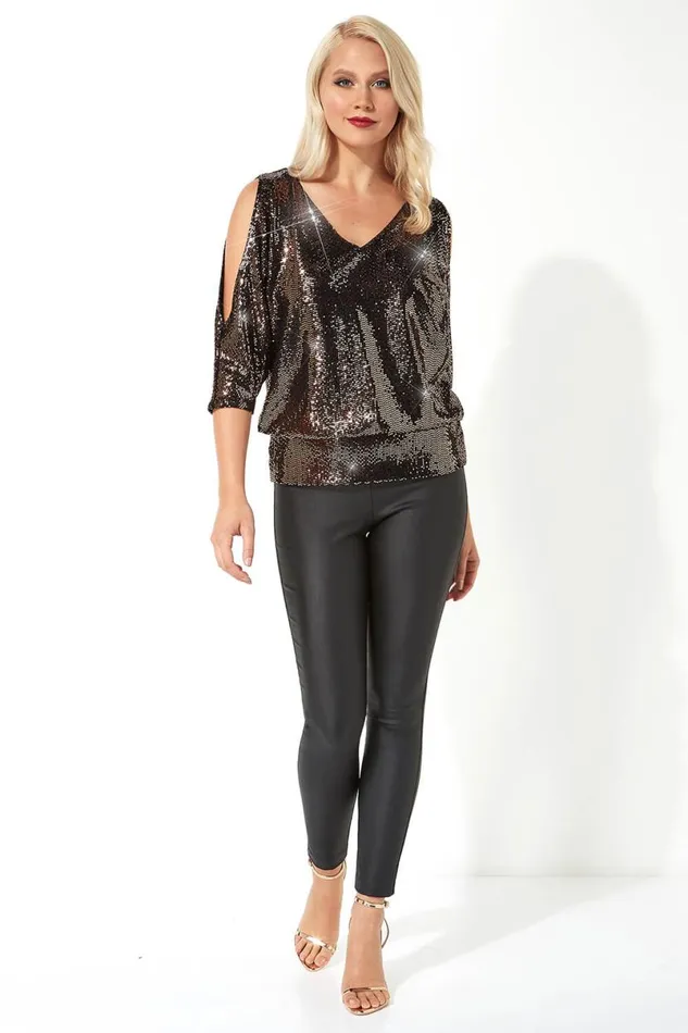 Bronze Sparkle Cold Shoulder Blouson Top Women Roman Tops