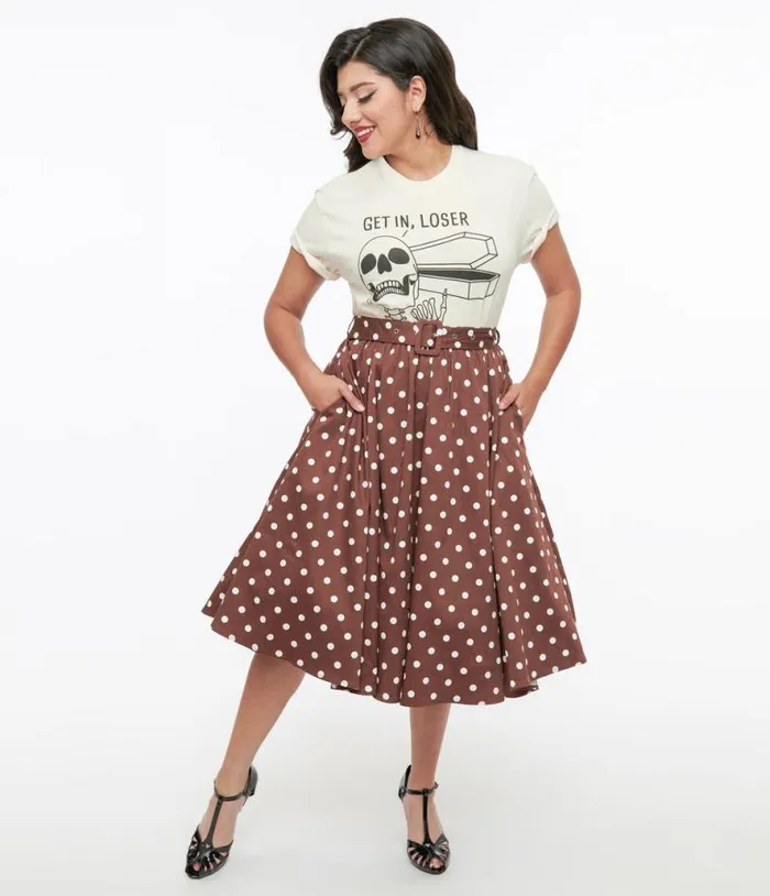 Brown and White Polka Dot Paula Swing Skirt ClothingPlus Unique Vintage Skirts