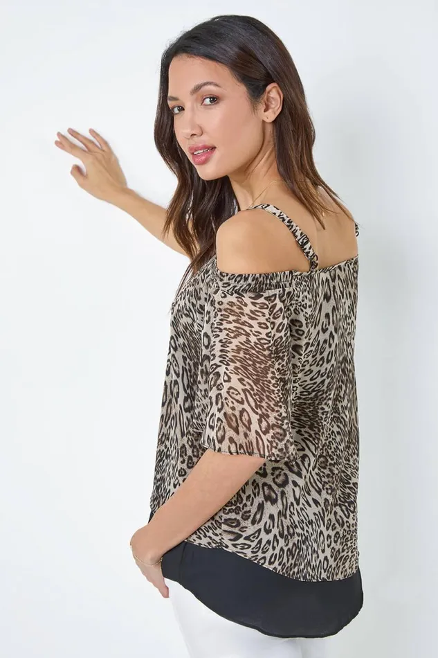 Brown Cold Shoulder Animal Print Chiffon Top Women Roman Tops