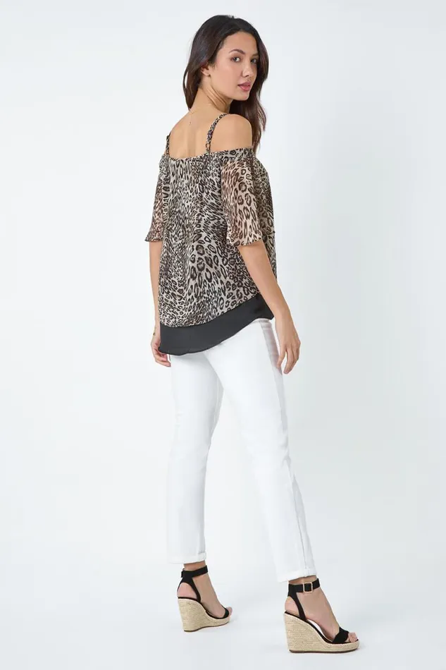Brown Cold Shoulder Animal Print Chiffon Top Women Roman Tops