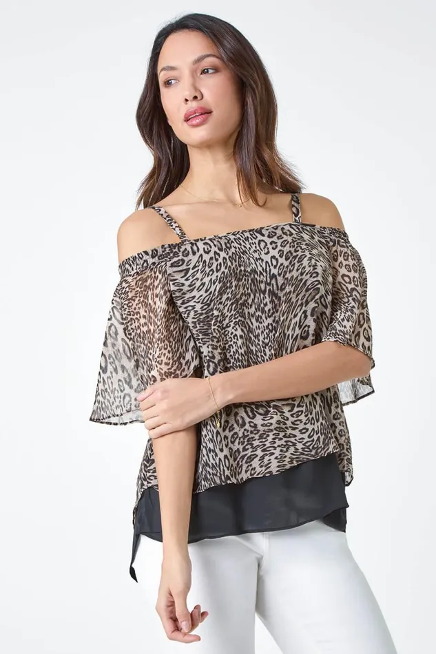 Brown Cold Shoulder Animal Print Chiffon Top Women Roman Tops