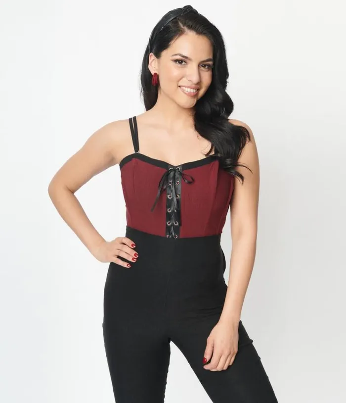 Burgundy and Black Corset Top Halloween Unique Vintage Tops