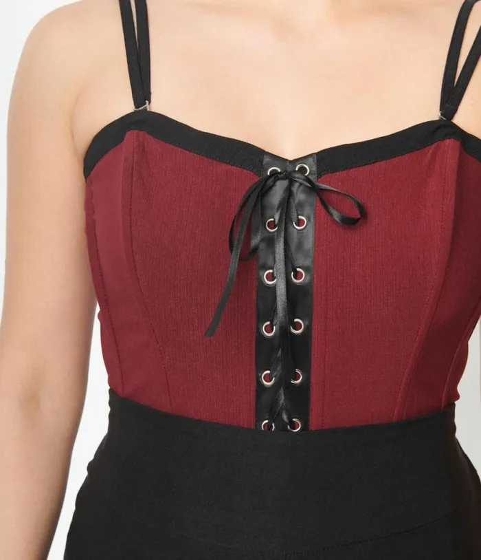 Burgundy and Black Corset Top Halloween Unique Vintage Tops