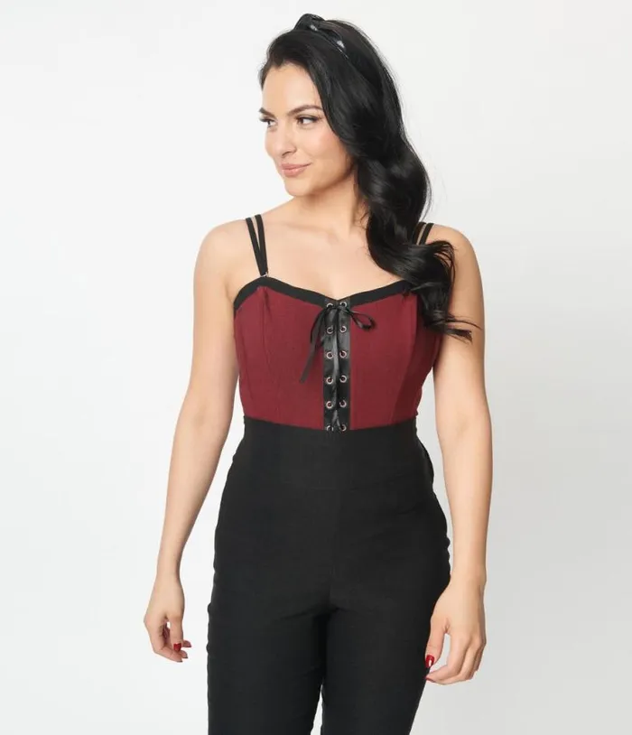Burgundy and Black Corset Top Halloween Unique Vintage Tops