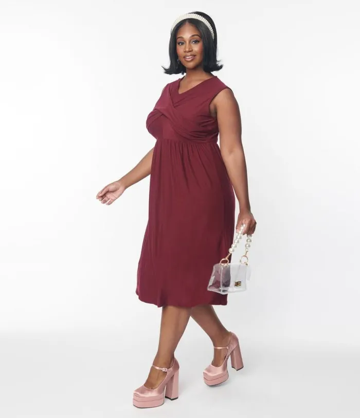 Burgundy CrossOver Bodice Midi Dress Dresses Unique Vintage Midi