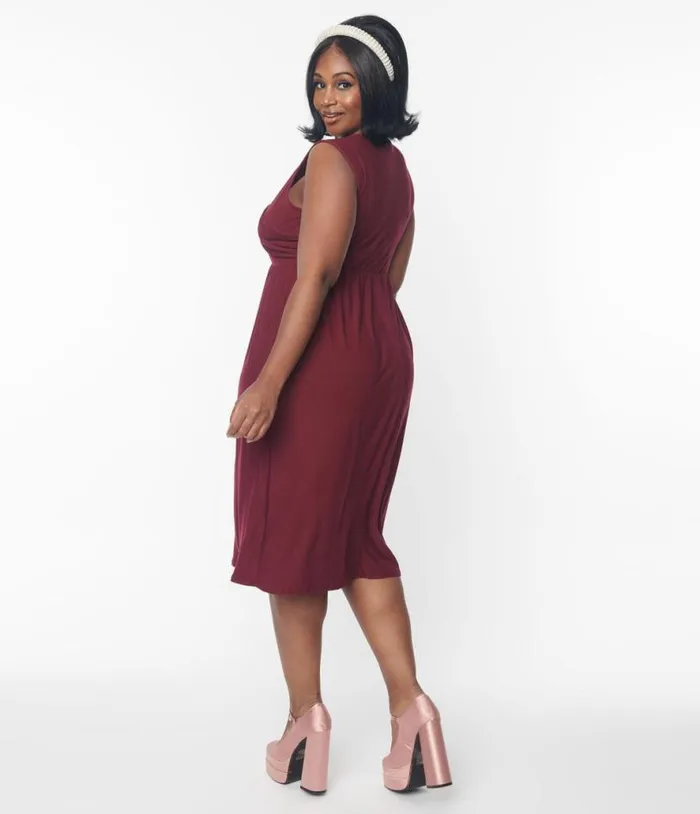 Burgundy CrossOver Bodice Midi Dress Dresses Unique Vintage Midi
