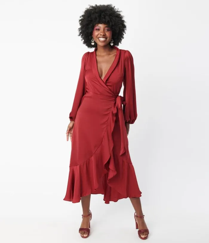 Burgundy Ruffle Midi Wrap Dress Dresses Unique Vintage Midi