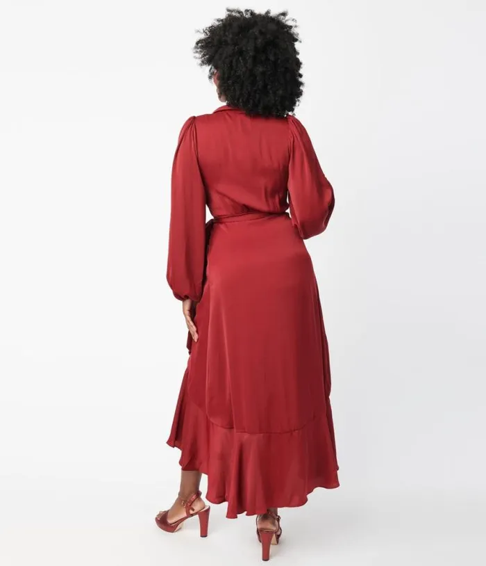 Burgundy Ruffle Midi Wrap Dress Dresses Unique Vintage Midi