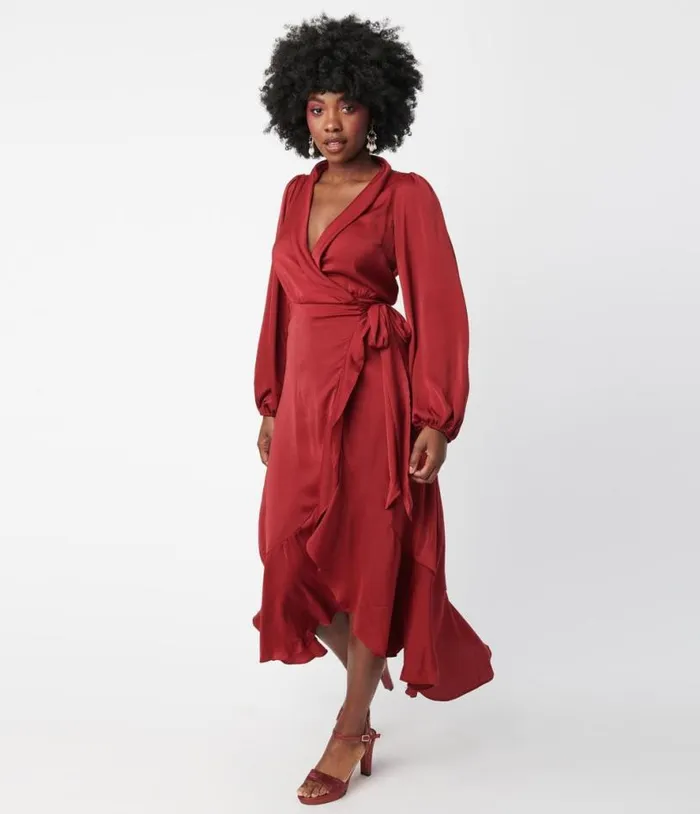 Burgundy Ruffle Midi Wrap Dress Dresses Unique Vintage Midi