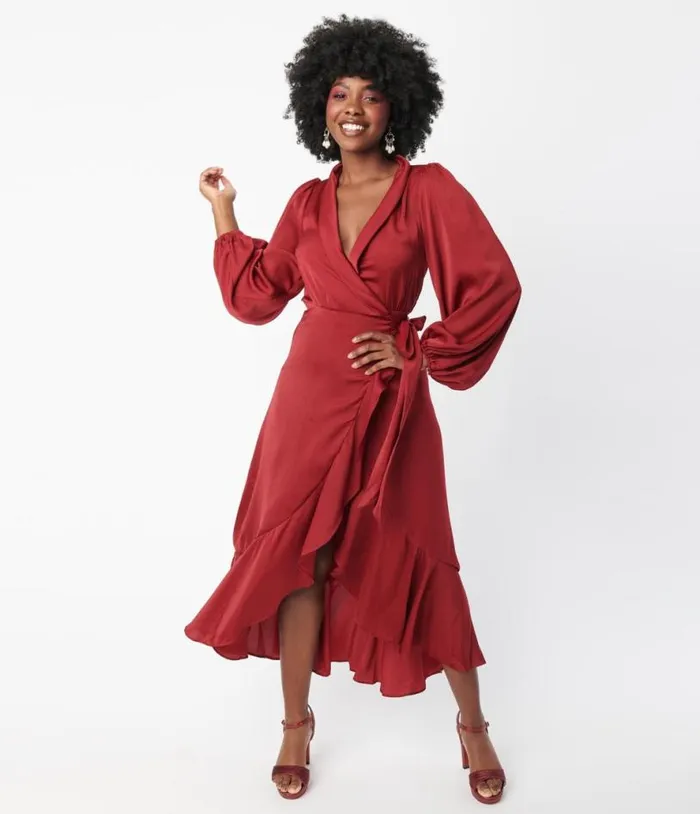 Burgundy Ruffle Midi Wrap Dress Dresses Unique Vintage Midi