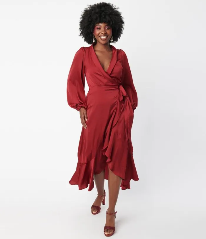 Burgundy Ruffle Midi Wrap Dress Dresses Unique Vintage Midi