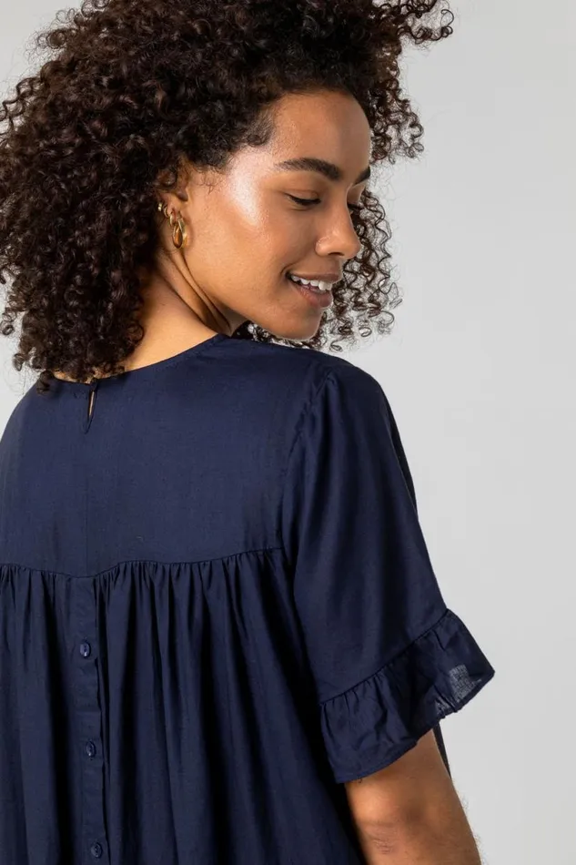 Button Detail Frill Hem Dress Women Roman Dresses