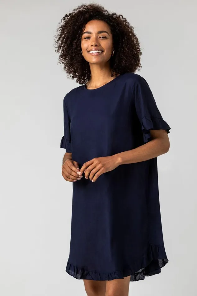 Button Detail Frill Hem Dress Women Roman Dresses